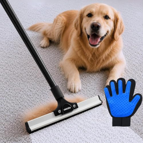 Carpet Rake Fellfeger Besen für Tierhaare auf Teppich und Möbeln | Teleskopstiel bis 127cm mit Kupfer und Silikonkante aus robustem Edelstahl, Schwarz