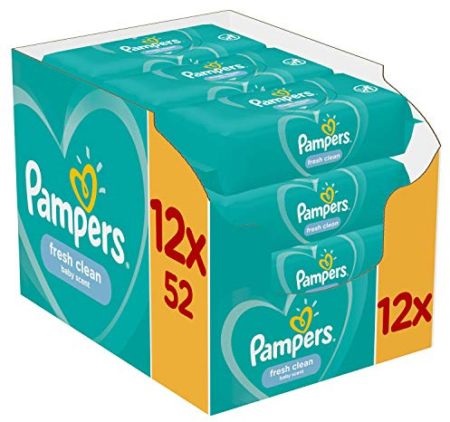 Pampers Fresh Clean Feuchttücher 12 Packungen mit 52 Stück, 624 Feuchttücher, milder Duft, auch für Hände und Gesicht geeignet