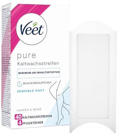 Veet Pure Kaltwachsstreifen für Körper, Arme & Beine - Haarentfernung für sensible Haut - Bis zu 28 Tage glatte Haut - 20 Doppelstreifen = 40 Einzelstreifen