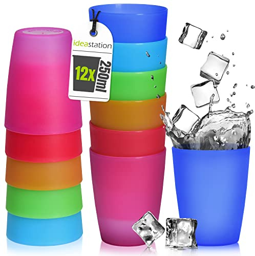 idea-station NEO Trinkbecher Kinder 12 x 250 ml - bunte Plastikbecher Kinder - wiederverwendbare Kinderbecher aus stabilem Kunststoff - Mehrweg Hartplastik Becher Plastik