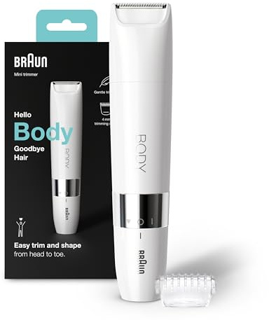Braun Body Mini-Trimmer, elektrischer Körperrasierer mit Trimmeraufsatz für Damen und Herren, präzise Haarentfernung für Bikinizone, Achseln, Brust, für unterwegs, Wet&Dry, BS1000, weiß
