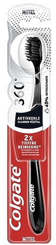 Colgate Zahnbürste 360° Aktivkohle,1 Stück – mit mittelharten Borsten und Aktivkohle für eine gründliche Zahnreinigung – integrierter Wangen- und Zungenreiniger