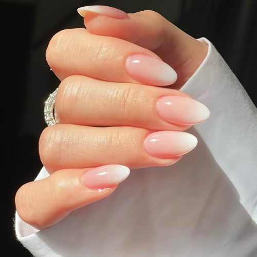 24 Stück Press on Nails Almond - Rosa Farbverlauf Künstliche Nägel Mittel - Full Cover Falsche Nägel - Nude Gradient White Fingernägel Zum Aufkleben Für Frauen (Pink White Ombre)