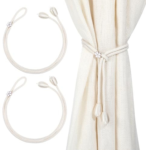 Tyqour 2 Stück Vorhang Raffhalter Verstellbar Boho Raffhalter für Vorhänge Weiß Gardinenhalter Vorhang Halter Gardinenband Vorhanghalter Gardinen Halterung für Zuhause, Büro, Fenster Dekorativ