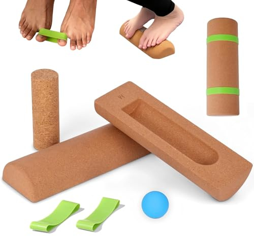 Balance Board Kork Rolle Set Fußtrainer Halbe Korkrolle mit Massageball und Fußwiderstandsband für Gleichgewicht, Koordination, Physio-Therapie & Fußkraft