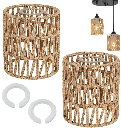 Lampenschirm Boho 2 Stücke Rattan Lampenschirm Korbgeflecht (H 15cm) | Tischleuchte Ersatzschirm Zubehör für Deckenleuchten Pendelleuchten Stehlampe Hängelampenschirme