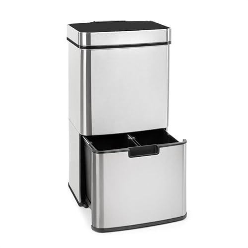 Klarstein Royal Trash Sensor-Mülleimer, 72 L Volumen in 4 Behältern, Restmüll & Recycling-Abfälle: 43 & 2 x 12,5 L, Bio-Eimer mit Deckel: 4 L, Edelstahl automatisches Öffnen und Schließen, Silber