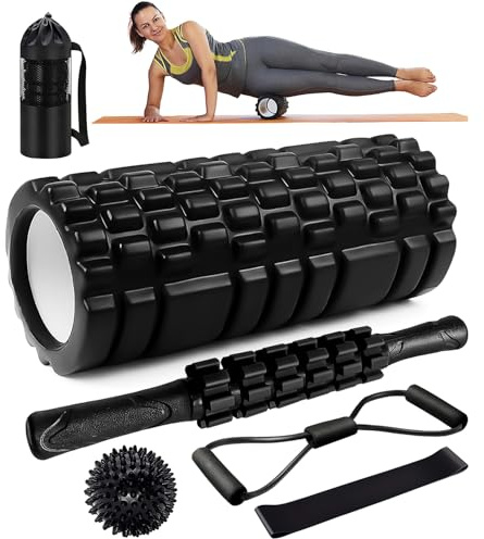 Faszienrolle, Qveetry 6 in 1 Foam Roller Faszienrolle Sets mit Massageroller Stab, Widerstandsbänder Krafttraining, Massageball, Fitnessbänder, 33cm Schaumstoffrolle für Yoga Pilates Sport