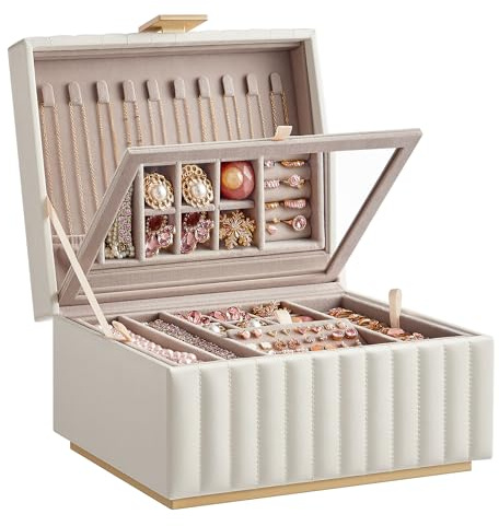 SONGMICS HOME ANAH Kollektion - Schmuckkästchen 2 Ebenen, Schmuckbox mit Spiegel, Schmucktablett herausnehmbar, PU mit Nähten, Schwebe-Effekt, 21,5 x 24 x 13,5 cm Geschenkidee, wolkenweiß JBC182W01