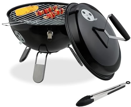 Relaxdays Kugelgrill, tragbar, Ø 37 cm, Picknickgrill für Garten & Park, Holzkohlegrill mit Deckel, Rundgrill, schwarz