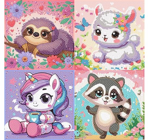 Pujeknm 4er Set 5D Diamond Painting Kinder Tiere-Set Full Diamant Painting Bilder Kinder Tiere,DIY Mosaikherstellung Basteln Mädchen Junge 6 7 8 9 10 11 12 Jahre,Geschenk Kinder Ab 6 Jahre 15x15cm