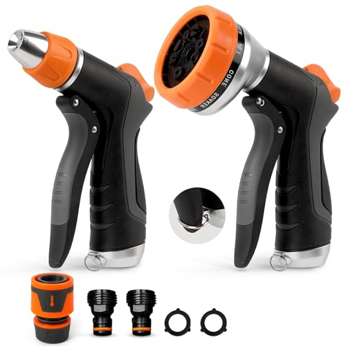 Hoofun Gartenbrause Spritzpistole, 2 Stück 10+2 Funktionen Gartenspritze mit Schnellanschluss, Einstellbarer Wasserdurchfluss, Handbrause für Rasen, Haustiere, Garten, Gehweg, Blumen, Auto, Orange