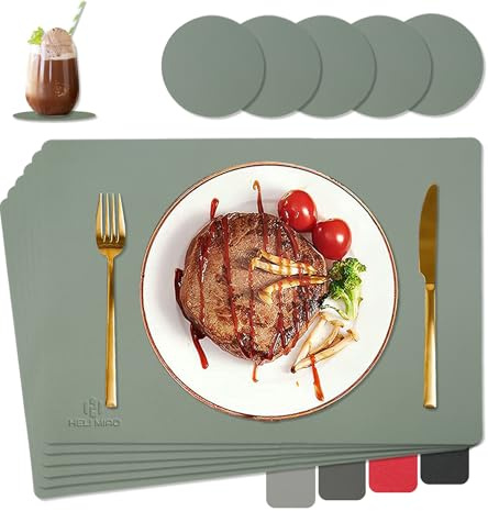 HELI MIAO Tischsets Abwaschbar,Platzsets Abwischbar, Leder,Hitzebeständig Doppelseitigen I 6er Set Platzdeckchen Lederoptik mit Untersetzer,Tischuntersetzer rutschfest,Salbeigrün