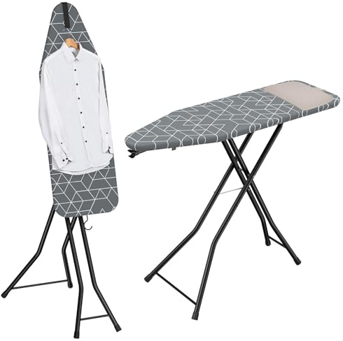 LyriFine Bügelbrett mit Bügeleisenablage, 2-in-1 Bügeltisch für Dampfbügeln & klassisches Bügeln, hitzebeständige Auflage, klappbar mit Haken, Stabiler Stahl, Bügelbrett für Dampfbügelstation, grau
