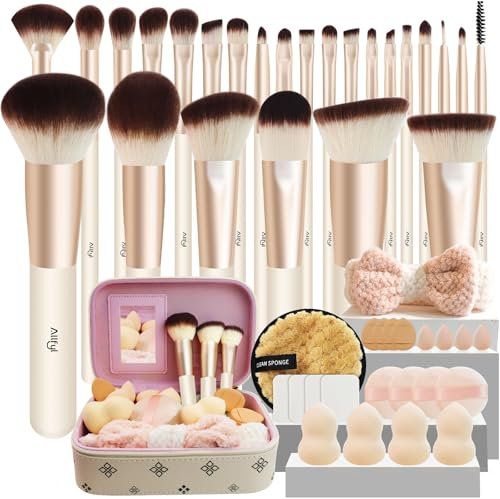 ALLFYL 49Pcs Make up Pinsel Set Premium, Professionelles Pinselset Makeup mit Foundation Pinsel & Lederetui mit Spiegel - Komplettes Schminkpinsel Set, Geschenk