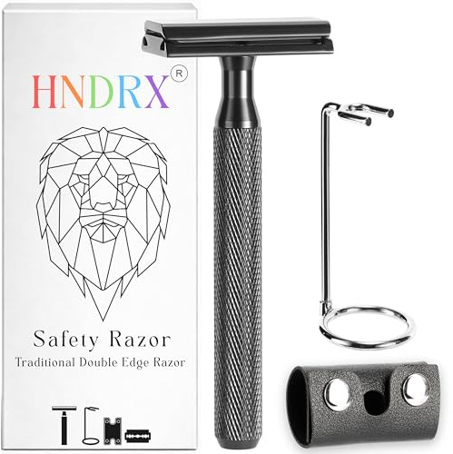 HNDRX® Rasierhobel Herren Safety Razor Damen Nassrasierer 30° Winkel inkl. 10 japanische Rasierklingen, Rasierhobelständer und Klingenschutz (Eclipse)