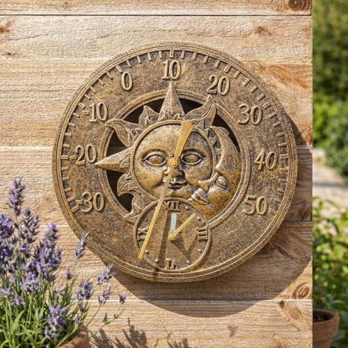 Garden Mile® Wanduhr Vintage Sonne und Mond Bronzeeffekt - Gartenuhr batteriebetrieben Wasserdicht Wetterfest - Dekorative Uhr für Innen oder Außen für