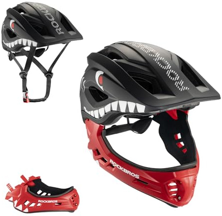 ROCKBROS Kinderhelm Integriert Fahrradhelm Kinder Jugend Fullface Helm mit Abnehmbarem Kinnschutz BMX MTB Downhill Helm Schwarz-Rot M