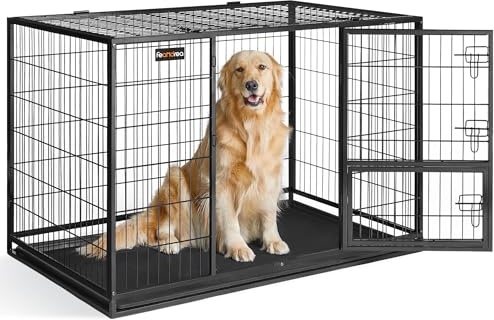 Feandrea Haustierkäfig hochbelastbar, Gitterbox, transportabel, 122 x 75,5 x 80,5 cm, für mittelgroße, große Tiere, sicher, 2 abnehmbare Türen, XXL, tintenschwarz PPD003B01