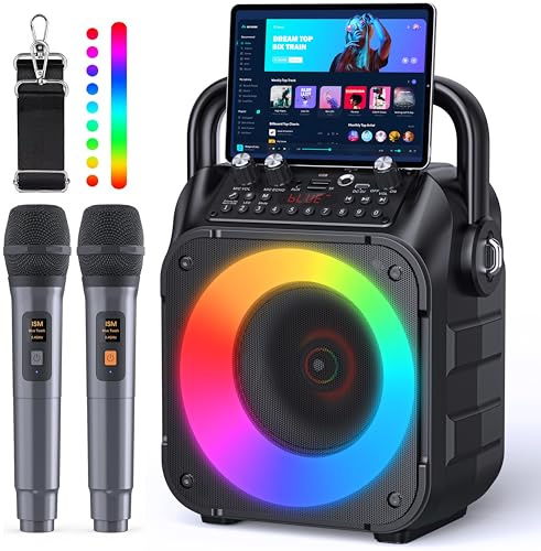 Singingmate Karaoke-Maschine, tragbarer Bluetooth-Lautsprecher für Erwachsene mit 2 drahtlosen Mikrofonen, PA-System für Erwachsene und Kinder mit LED-Leuchten für Partys(Schwarz)