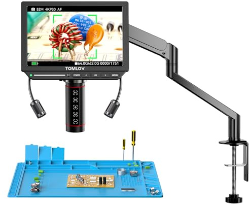 TOMLOV TM4K-AF Flex 4K Autofokus Digitales Mikroskop HDMI, 8 IPS Münzen Vergrößerung 2000X, 52MP Mikroskopkamera für Löten, mit Flex Arm, Multifunktionale Lötmatte, Seitenlichter, 64GB-Karte