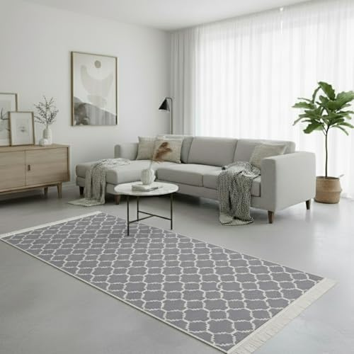 Jimri Teppich Läufer - Tepiche für Wohnzimmer, Schlafzimmer, Küche, Kinderzimmer, Badezimmer - Boho Kelim - Läufer Flur, Hellgrau-Weiß, Größe: 80x150 cm