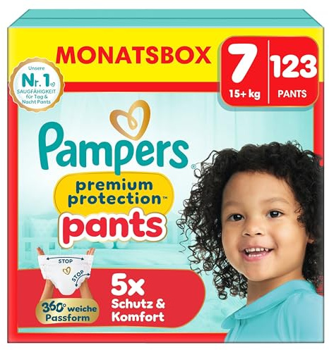 Pampers Premium Protection Pants Größe 7, 123 Windeln, 15kg+, mit 360° Passform und weichen Anti-Auslaufbündchen für unseren besten Komfort und Schutz