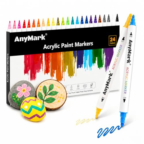 AnyMark 24 Farben Acrylstifte Set – Wasserfeste Dual Tip Acrylmarker (Dot-Tip und Feinspitze) für Basteln, Papier, Holz, Eier, Leinwand, Keramik & Stoff
