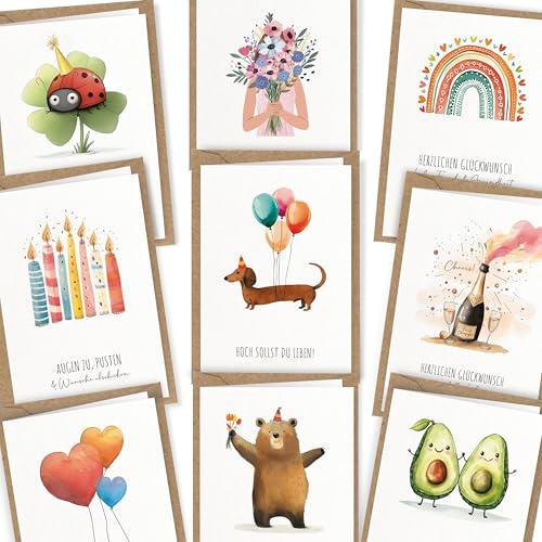 Geburtstagskarten Set mit 10x Klappkarten inkl. Umschlag & Sticker - Glückwunschkarten Geburtstag, Happy Birthday Karte - Grußkarten - Geburtstagskarte Frau, Geburtstagskarte Mann, Jubiläum