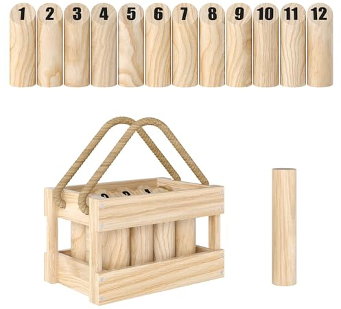 SPORTNOW Mölkky Spiel Wurfspiel Holz Kubb Wikingerspiel mit 12 Skittles 1 Stock Transportbox Outdoor Spiel für Familie Gruppen Garten Picknick, Strand, Freizeit