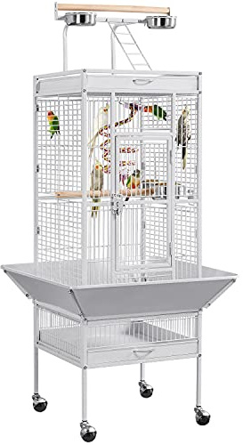 Yaheetech Vogelkäfig Vogelvoliere Vogelhaus Vogelbauer Käfig für Papageien 65,5 x 65,5 x 156 cm,Weiss