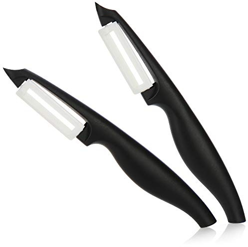 com-four® 2x Keramik Sparschäler für Obst und Gemüse - Universalschäler besonders scharf - Schäler mit Pendelklinge, Keramikschäler, Gemüseschäler, Obstschäler, Küchenschäler