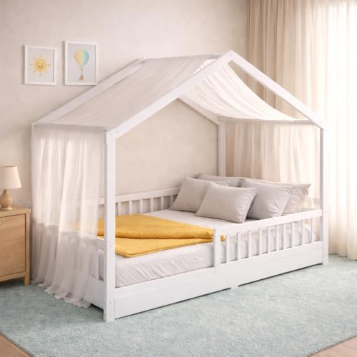 CADANI Malte Kinderbett 90x200 cm – Hausbett mit abnehmbarem Rausfallschutz, bis 200 kg belastbar, Roll-Lattenrost, Montessori Bodenbett aus Massivholz Kiefer, Weiß