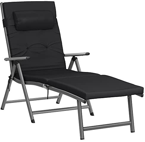 SONGMICS Sonnenliege, klappbar, Liegestuhl mit 6 cm dickem Polster | Abnehmbares Kopfkissen, atmungsaktiv, einstellbare Rückenlehne, bis 150 kg belastbar, schwarz, GCB24BK