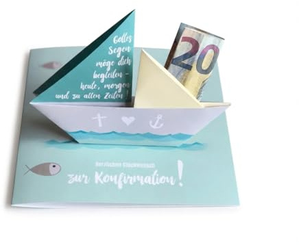 Karte zur Konfirmation, Geldgeschenk mit handgefaltetem Boot, blau/türkis