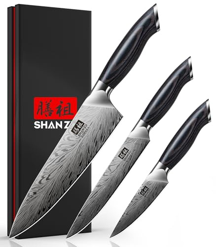 SHAN ZU Messerset aus Pulverstahl, Küchenmesserset 3-tlg, Scharfes Japanisches Kochmesserset aus Hochhartem Edelstahl mit Ergonomischem Holzgriff, Inklusive Kochmesser, Allzweckmesser, Schälmesser