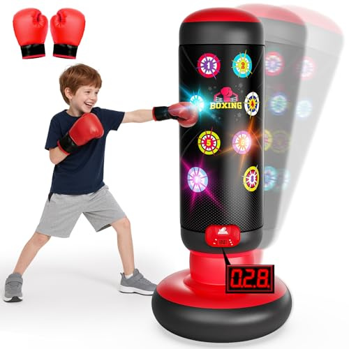 Boxsack Kinder, Boxsack Stehend mit Musik & Licht, Interaktiv Punching Bag, Aufblasbarer Standboxsack mit Boxhandschuh Geschenke für 6 7 8 9 10 11 12 Jahren Kinder Jungen