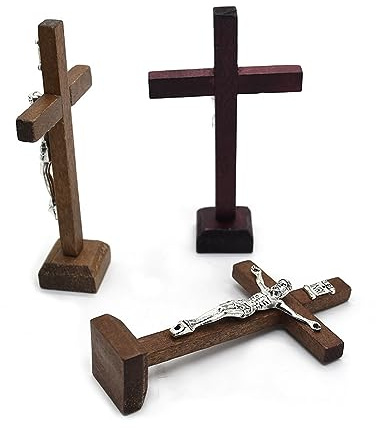 Katholisches Kreuz aus Holz mit Ständer, religiöses christliches Kreuz, Kirchendekoration, Heimdekoration, Tischregal, stehendes Kreuz