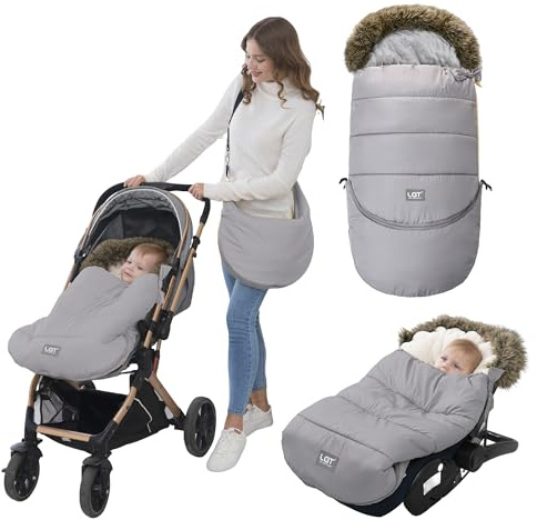 LAT Universal Fußsack für Babyschale Kinderwagen, Wind- und Wasserdicht mit Abnehmbarer Verlängerungsabschnitt Winterfußsack für Kinderwagen Buggy (Pelzkragen, Grau)