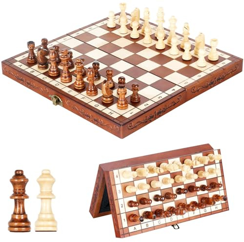 Syrace Schachbrett Schachspiel Schach aus Holz, zusammenklappbar handgefertigt Magnetisches Schachspiel für Kinder und Erwachsene Gut für Drinnen Draußen und Reisen
