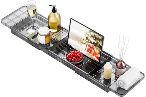 Badewannenablage Schwarz, Ausziehbar Badewannentablett Kunststoff, Badewanne Ablagebrett mit Buchablage, Badewannentisch Verstellbar, Bathtub Tray Waterproof, Badewannen Zubehör (schwarz)