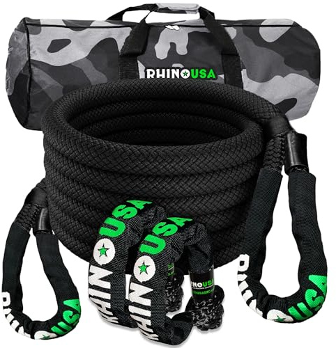 Rhino USA Kinetisches Seil Bergungssatz 13,000kg (2.2cm x 9m) - Schwerlast Offroad Schnappriemen - Abschleppseil elastisch Bergeseil - Set enthält 2 weiche Schäkel für LKW Auto Traktor - Schwarz