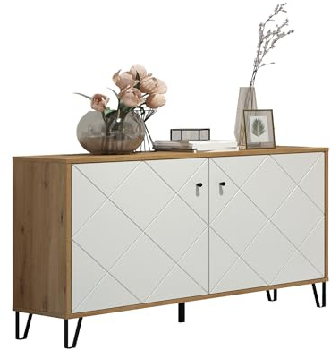 trendteam smart living - Touch - Sideboard - Artisan Eiche/Weiß - Kommode mit 2 Türen und 4 Fächern - (BxHxT) 123 x 76 x 40 cm - Wohnzimmerschrank mit modernen Metallfüßen - kratzfest
