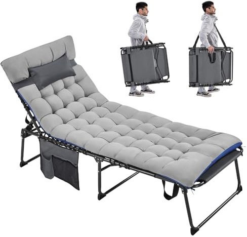 Yaheetech Klappbar Sonnenliege mit Extra Dicker Matratze & Kissen & Seitentasche, 5-Fach Verstellbarer Rückenlehne, Stabiles Gartenliege Liegestuhl Strandliege bis 136 kg, 189,5×67×35 cm, Grau