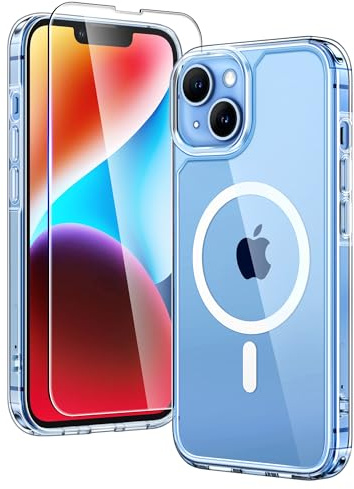 TAURI für iPhone 14 Hülle 6,1" mit Panzer Schutz Glas Folie, Kompatibel mit MagSafe, Schutz nach Militärstandard, [Anti-Vergilbung] Stoßfest Magnetisch Handyhülle - Durchsichtig