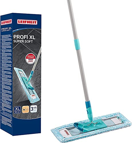 Leifheit rückenschonender Bodenwischer Profi XL super Soft, Stahlstiel 146 cm, Wischmopp mit Fußklick, Wischbezug für Parkett und Kork, 360° Drehgelenk, Click-System, umweltfreundlicher Karton