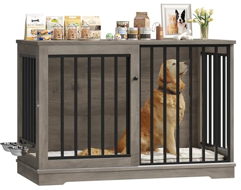 FirFurd 120cm Hundekäfig Möbel für große Hunde, XXL Hundebox für Zuhause | Hundebox mit Schiebetüren für große Hunde, Hundekäfig für Zuhause aus Metall und Holz, Hundehaus, 120x90x60cm,Braun
