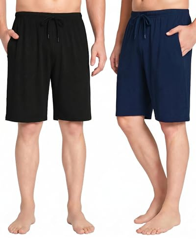 Pyjamahose Herren Kurz Schlafanzughose Weich Modal atmungsaktiv 2er-Pack | Schlafhose Loungewear locker einfarbig 2 Taschen Gummizug mit Kordelzug dünne Nachtshorts Sommer Geschenk für Männer