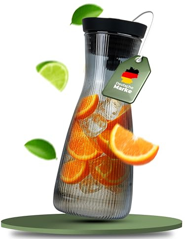 CLIDOR Wasserkaraffe mit Deckel - 1 L, edler Rauchglas Stil, Tropffreie Glaskaraffe mit Deckel, Eleganter Wasserkrug mit feiner Filterung, Ideal für Fruchtwasser, Säfte, Infused Water (1000ml)