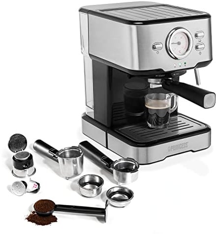 Princess Espressomaschine 249412, 1100 Watt, 1.5 Liter, gemahlener Kaffee, 3 Filter, inklusive Milchaufschäumer, ideal für Kaffee und Cappuccinos